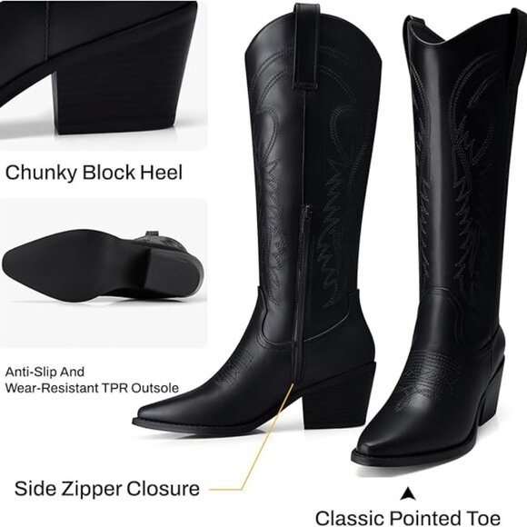 Black Cowboy Boots for Women Knee High Pointed Toe Chunky Heel Wide Calf Booties - Picture 5 of 6